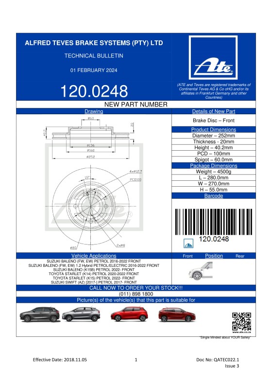 120.0248 NEW! Brake disc for Suzuki Baleno, Suzuki Swift, Toyota Starlet. featured image